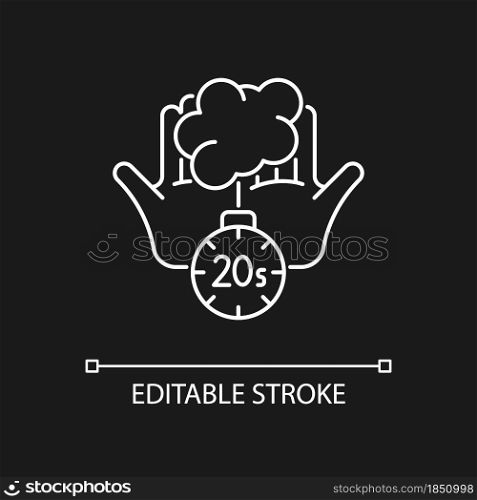 Scrub hands for twenty seconds white linear icon for dark theme. Soap molecules destroying viruses. Thin line customizable illustration. Isolated vector contour symbol for night mode. Editable stroke. Scrub hands for twenty seconds white linear icon for dark theme