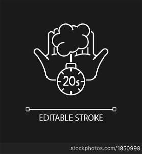 Scrub hands for twenty seconds white linear icon for dark theme. Soap molecules destroying viruses. Thin line customizable illustration. Isolated vector contour symbol for night mode. Editable stroke. Scrub hands for twenty seconds white linear icon for dark theme
