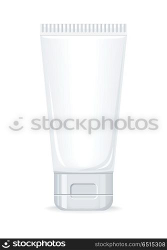 Scrub or Cream Bottle. Empty Cosmetic Product. Scrub or cream bottle isolated on white. Empty cosmetic product tube. Reservoir without label. No logo or trademark on the flask. Part of series of decorative cosmetics items. Vector illustration