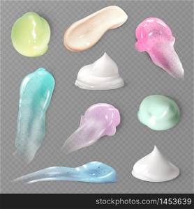 Scrub smears. Realistic cosmetic smears cream and peeling, milk. Lotion, scrub and foundation drop texture, hygiene beauty product vector template. Scrub smears. Realistic cosmetic smears cream and peeling, milk. Lotion, scrub and foundation drop texture, hygiene product vector template