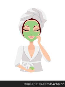 Scrubbing. Girl Applying a Face Scrub. Vector. Scrubbing. Girl applying a face scrub for a few minutes to eliminate dead skin cells. Woman instruction how to make up correctly. Girl cares about her look. Part of series of ladies face care. Vector