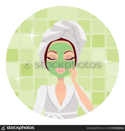 Scrubbing. Girl Applying a Face Scrub. Vector. Scrubbing. Girl applying a face scrub for a few minutes to eliminate dead skin cells. Woman instruction how to make up correctly. Girl cares about her look. Part of series of ladies face care. Vector
