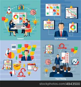 Scrum Agile 4 Flat Icons Square . Scrum agile iterative flexible software development framework for teamwork 4 flat icons square composition abstract vector illustration