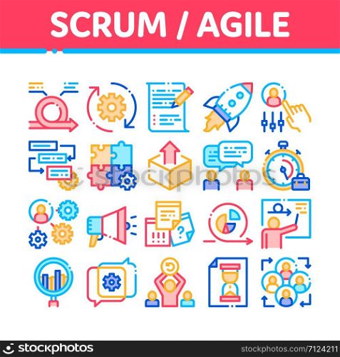 Scrum Agile Collection Elements Vector Icons Set Thin Line. Agile Rocket And Document File, Gear And Package, Loud-speaker And Stop Watch Concept Linear Pictograms. Color Contour Illustrations. Scrum Agile Collection Elements Vector Icons Set