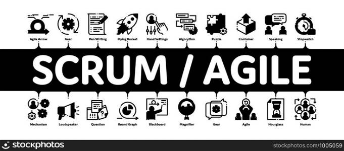 Scrum Agile Minimal Infographic Web Banner Vector. Agile Rocket And Document File, Gear And Package, Loud-speaker And Stop Watch Concept Linear Pictograms. Contour Illustrations. Scrum Agile Minimal Infographic Banner Vector