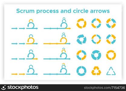 Scrum info graphic diagram element vector set illustration. Agile diagram, recycle symbol and circle chart element collection. Group of blue and orange symbols for scrum methodology info graphic. Scrum info graphic diagram element vector set