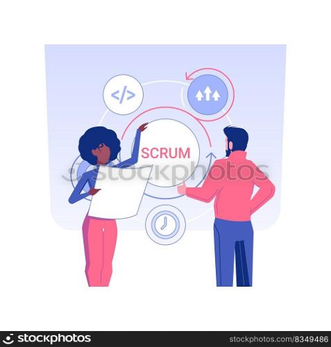 Scrum meeting isolated concept vector illustration. Group of IT company workers discussing project development, stand up meeting in office, teamwork organization, planning idea vector concept.. Scrum meeting isolated concept vector illustration.
