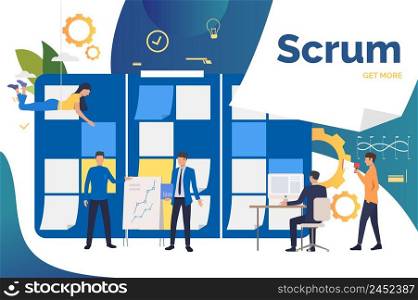 Scrum team working on project in office. Presentation, computer, shouting at megaphone. Business concept. Vector illustration can be used for topics like agile project management, teamwork, startup. Scrum team working on project in office