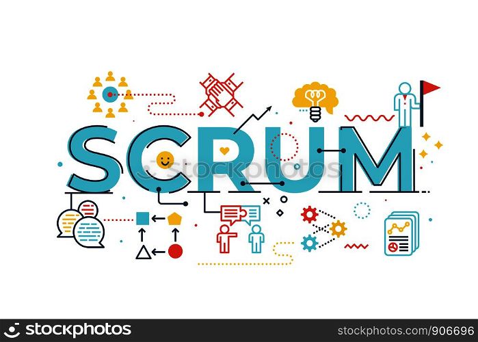 Scrum word lettering illustration with icons for web banner, flyer, landing page, presentation, book cover, article, etc.