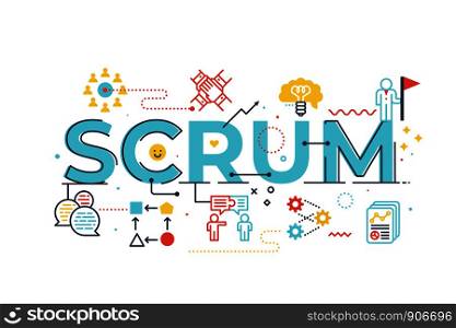 Scrum word lettering illustration with icons for web banner, flyer, landing page, presentation, book cover, article, etc.