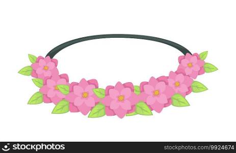 Scrunchie fashionable hairstyle or hair accessory for females. Isolated decorative hairband with flowers, roses petals and leaves. Girlish decor, accessories for hairdressing, vector in flat style. Fashionable hairband or scrunchie with flowers and leaves