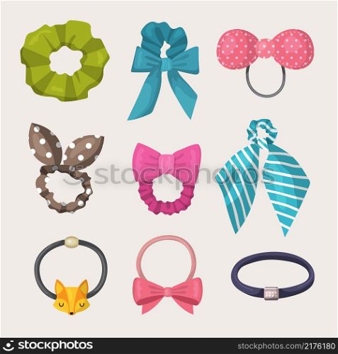 Scrunchy. Elastic ribbons for fashion woman accessories for hairs elastic headband recent vector illustrations collection set. Scrunchy girlish, elastic hairdressing, flexible ribbon bow. Scrunchy. Elastic ribbons for fashion woman accessories for hairs elastic headband recent vector illustrations collection set