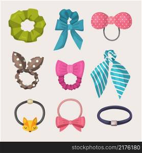 Scrunchy. Elastic ribbons for fashion woman accessories for hairs elastic headband recent vector illustrations collection set. Scrunchy girlish, elastic hairdressing, flexible ribbon bow. Scrunchy. Elastic ribbons for fashion woman accessories for hairs elastic headband recent vector illustrations collection set