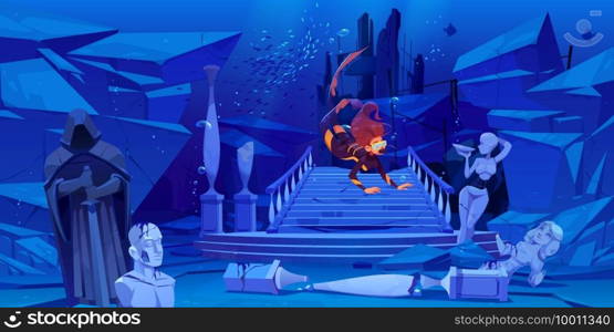 Scuba diver explore sunken city on sea bottom. Woman floating above wreck ancient old architecture columns and broken statues in underwater world, female character in ocean Cartoon vector illustration. Scuba diver explore sunken city on sea bottom