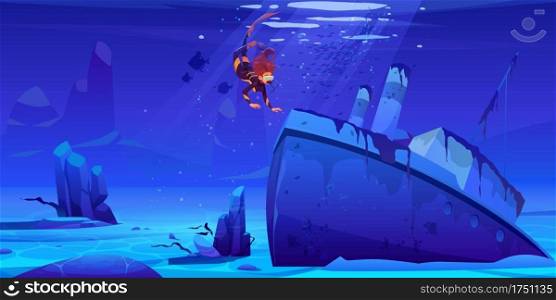 Scuba diver explore sunken ship on sea bottom. Woman floating above wreck steamboat vessel with pipes in underwater world, female character in ocean with sun beams falling, Cartoon vector illustration. Scuba diver explore sunken ship on sea bottom