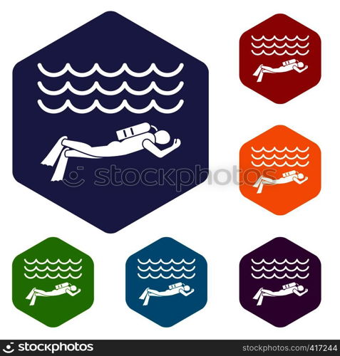 Scuba diver man in diving suit icons set rhombus in different colors isolated on white background. Scuba diver man in diving suit icons set