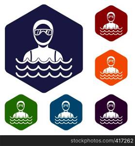 Scuba diver man in diving suit icons set rhombus in different colors isolated on white background. Scuba diver man in diving suit icons set