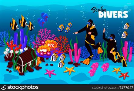 Scuba divers deep onderwater isometric fairy tale composition with treasure chest colorful corals fish water vector illustration