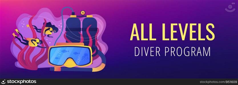 Scuba divers swimming under water and mask with snorkel, tiny people. Diving school, best commercial diving, all levels diver program concept. Header or footer banner template with copy space.. Diving school concept banner header.