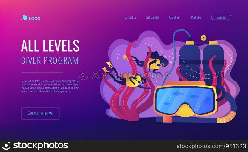 Scuba divers swimming under water and mask with snorkel, tiny people. Diving school, best commercial diving, all levels diver program concept. Website homepage landing web page template.. Diving school concept landing page.