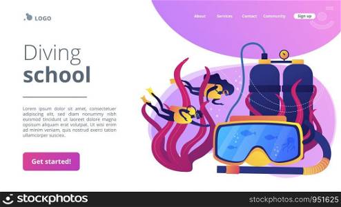Scuba divers swimming under water and mask with snorkel, tiny people. Diving school, best commercial diving, all levels diver program concept. Website homepage landing web page template.. Diving school concept landing page.