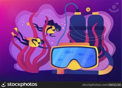 Scuba divers swimming under water and mask with snorkel, tiny people. Diving school, best commercial diving, all levels diver program concept. Bright vibrant violet vector isolated illustration. Diving school concept vector illustration.