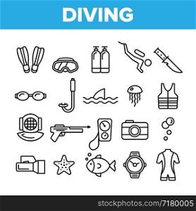 Scuba Diving Equipment Vector Linear Icons Set. Summer Vacation, Diving Water Sport Outline Cliparts. Active Sea Holiday Pictograms Collection. Extreme Activity, Snorkeling Thin Line Illustration. Scuba Diving Equipment Vector Linear Icons Set