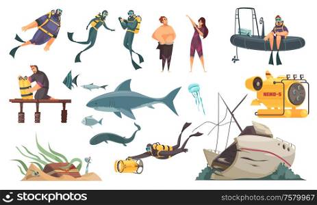 Scuba diving flat comics elements set swimming with fish ocean bottom sunken ship wetsuit bathyscaphe vector illustration