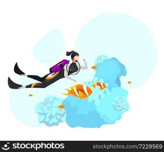Scuba diving flat vector illustration. Underwater diving, snorkeling. Extreme sports experience. Active lifestyle. Summer outdoor activities. Sportswoman isolated cartoon character on blue background. Scuba diving flat vector illustration