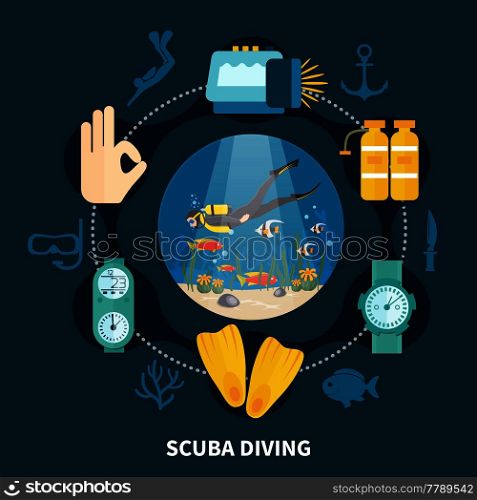 Scuba diving round composition with person swimming between fishes and icons with underwater equipment vector illustration. Scuba Diving Round Composition