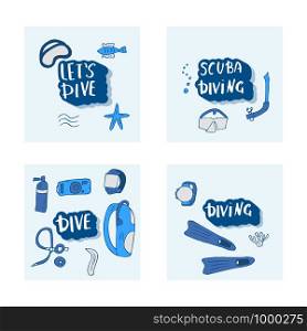 Scuba diving set of cards with elements, lettering and equipment. Underwater activity symbols and accessories. Diver mask, aqualung and other gears. Vector illustration in doodle style.