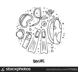 Scuba diving set of elements and equipment. Round badge with underwater activity symbols and accessories. Diver mask, snorkel, aqualung and other items in doodle style. Vector conceptual illustration.