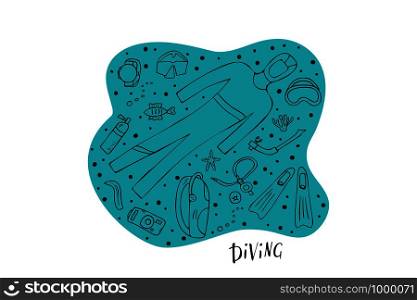 Scuba diving set of elements and equipment. Underwater activity symbols and accessories. Diver wetsuit, scuba mask, aqualung and other items. Vector illustration.