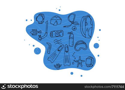 Scuba diving set of elements and equipment. Underwater activity symbols and accessories. Diver mask, aqualung, snorkel and other gears. Vector illustration.