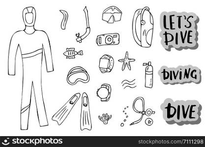 Scuba diving set of elements, lettering and equipment in doodle style. Underwater activity symbols and accessories. Diver wetsuit, mask, aqualung and other gears items. Vector illustration.