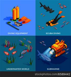 Scuba diving snorkelling isometric design concept with four compositions of submarine diving equipment and fishes images vector illustration. Scuba Diving Design Concept