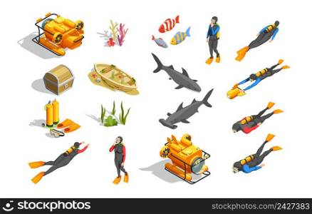 Scuba diving snorkelling isometric icons with isolated human characters wet suit equipment bathyscaph and  ground objects vector illustration. Underwater Swimming Elements Collection