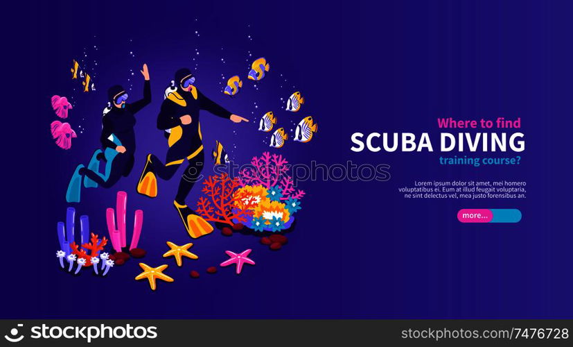 Scuba diving training isometric horizontal web page banner with colorful underwater world divers equipment background vector illustration