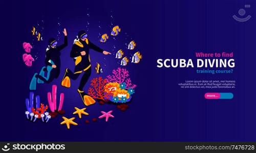 Scuba diving training isometric horizontal web page banner with colorful underwater world divers equipment background vector illustration