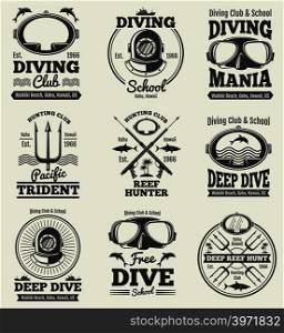 Scuba diving vintage vector labels. Spearfishing retro seal. Vintage label scuba diving, illustration emblem diving. Scuba diving vintage vector labels. Spearfishing retro seal