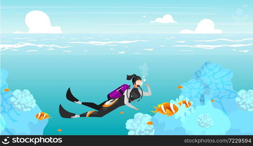 Scubadiving flat flat vector illustration. Underwater swimming sportswoman. Deep ocean diving. Sea wildlife. Outdoor activities. Summer vacation. Scuba diver cartoon character on turquoise background. Scubadiving flat flat vector illustration