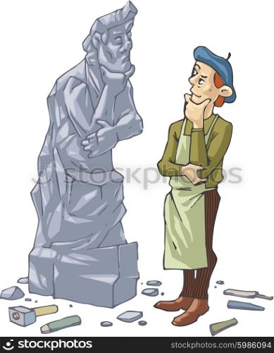 Sculptor And His Self Portrait. The sculptor is thinking about something in front of his self portrait made in stone.