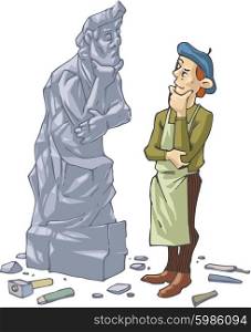 Sculptor And His Self Portrait. The sculptor is thinking about something in front of his self portrait made in stone.