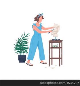 Sculpturing flat color vector faceless character. Female artist work in studio. Woman carve marble with tools. Art therapy isolated cartoon illustration for web graphic design and animation. Sculpturing flat color vector faceless character