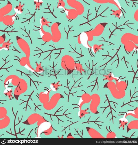 Scurry of Squirrels on the branches. Seamless summer pattern for gift wrapping, wallpaper, childrens room or clothing. A Scurry of Squirrels on the branches. Seamless summer pattern for gift wrapping, wallpaper, childrens room or clothing. Vector illustration