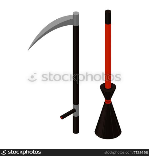 Scythe and broom icon. Isometric of scythe and broom vector icon for web design isolated on white background. Scythe and broom icon, isometric style