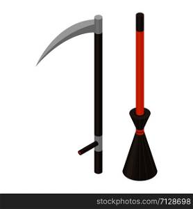 Scythe and broom icon. Isometric of scythe and broom vector icon for web design isolated on white background. Scythe and broom icon, isometric style