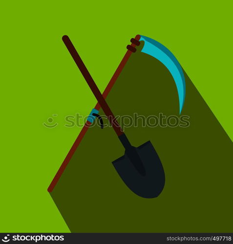 Scythe and shovel flat icon on a green background. Scythe and shovel flat icon