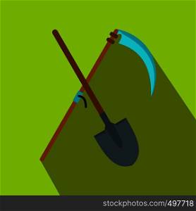 Scythe and shovel flat icon on a green background. Scythe and shovel flat icon