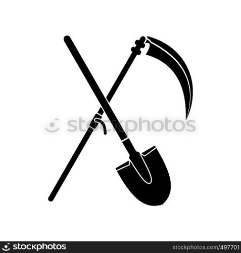 Scythe and shovel icon. Black simple style. Scythe and shovel icon